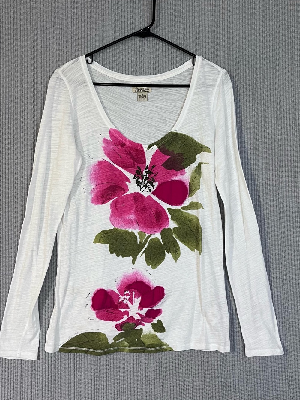 Lucky Brand Scoop Neck Slub Knit Semi Sheer Top White Pink Floral Womens M